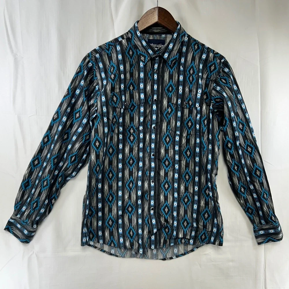Wrangler Western Snap Shirt Boys XL Black Blue Southwestern Geometric Print
